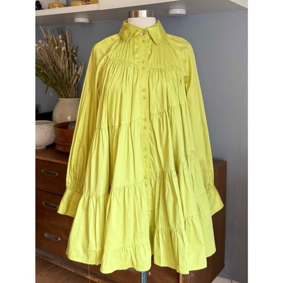 Aje Cascade Gathered Smock Mini Dress Swing Chartreuse Green Size AU 8 - Picture 1 of 14